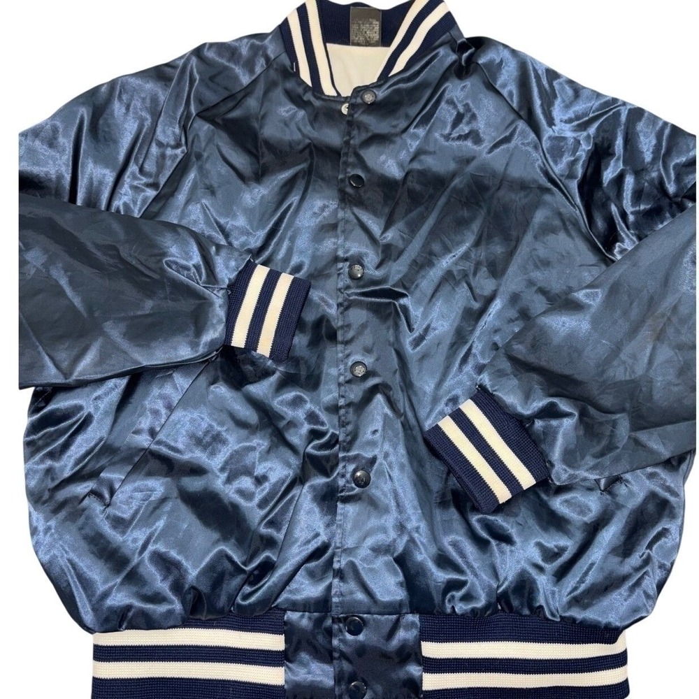 VTG Aristo Jac USA Navy Blue Satin Bomber Jacket L 70s 80s Varsity Snap Blank